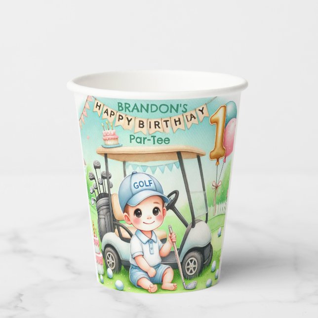 Hole in One Golf Boy 1st Par-tee Birthday Paper Cups (Front)