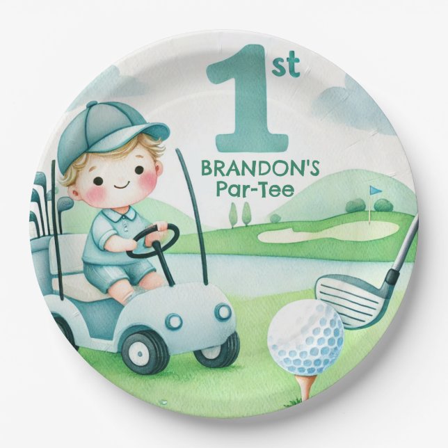 Hole in One Golf Boy 1st Par-tee Birthday Paper Plates (Front)
