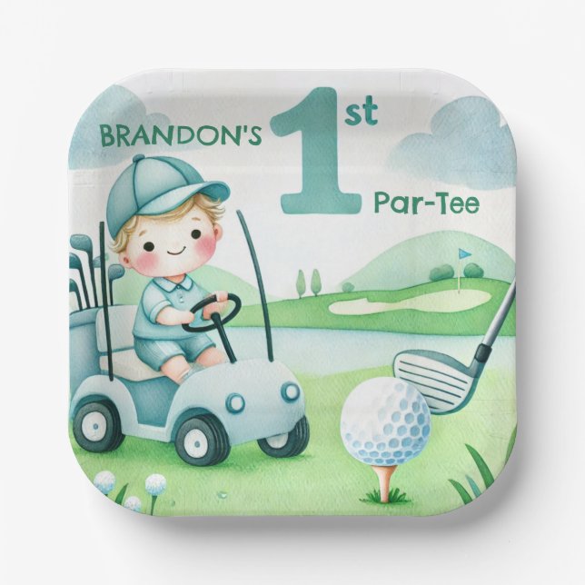 Hole in One Golf Boy 1st Par-tee Birthday Paper Plates (Front)