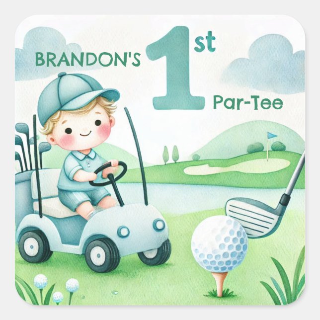 Hole in One Golf Boy 1st Par-tee Birthday Square Sticker (Front)