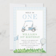 Hole In One Golf Boy Birthday Blue Gingham  Invitation