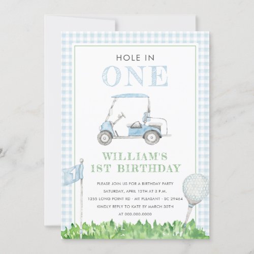 Hole In One Golf Boy Birthday Blue Gingham  Invitation