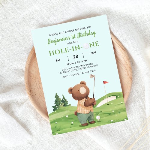 Hole In One Golf Boy Blue First Birthday Par_Tee  Invitation