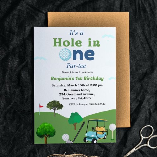 Hole in one golf  boy first birrthday party  invitation