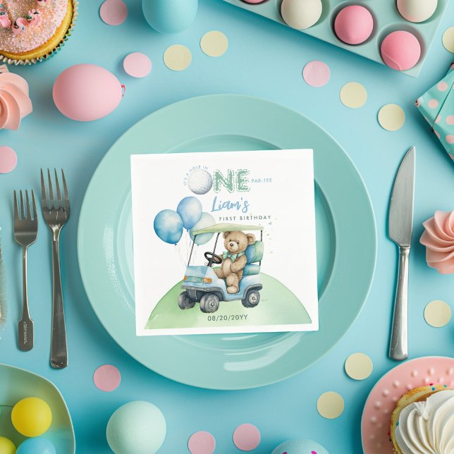 Hole In One Golf Boy First Birthday Par-Tee Bear Napkins (Creator Uploaded)