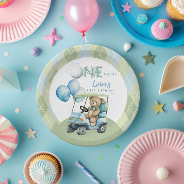 Hole In One Golf Boy First Birthday Par-Tee Bear Paper Plates (Creator Uploaded)