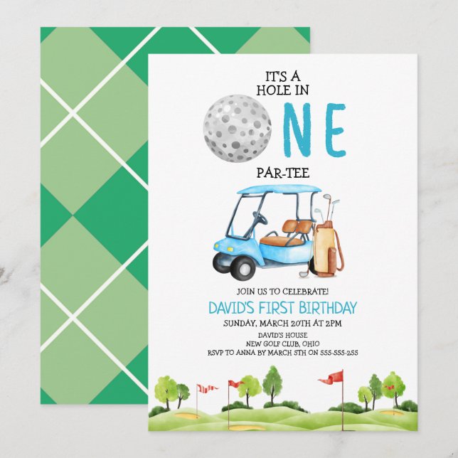Hole In One Golf Boy First Birthday Party Invitation (Front/Back)