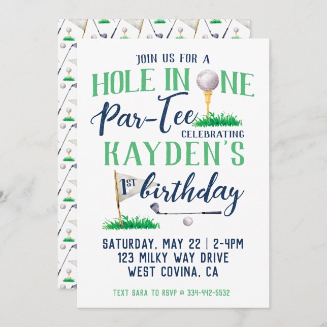 Hole in One Golf First Birthday Watercolor Invitation (Front/Back)