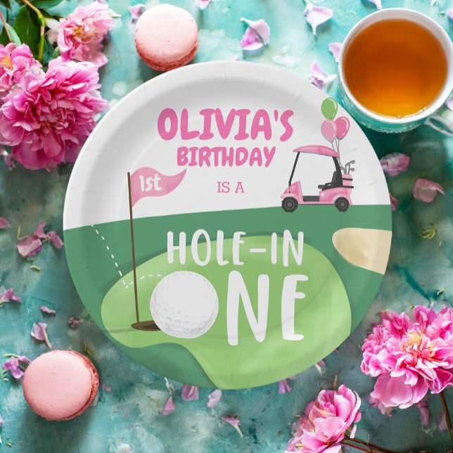 Hole In One Golf Girl First Birthday Par-Tee Paper Plates (Creator Uploaded)