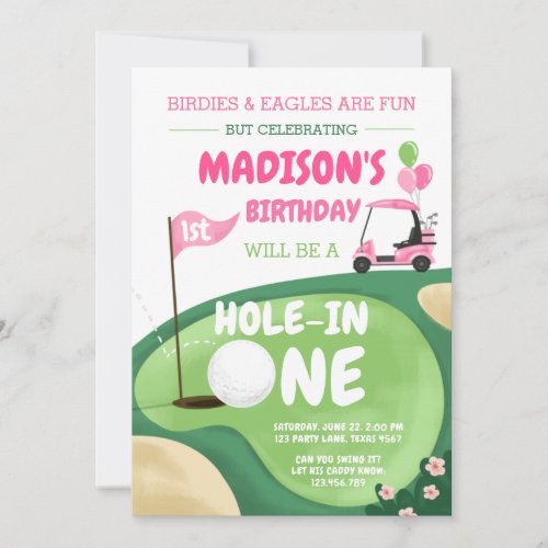 Hole In One Golf Girl Pink First Birthday Par_Tee Invitation