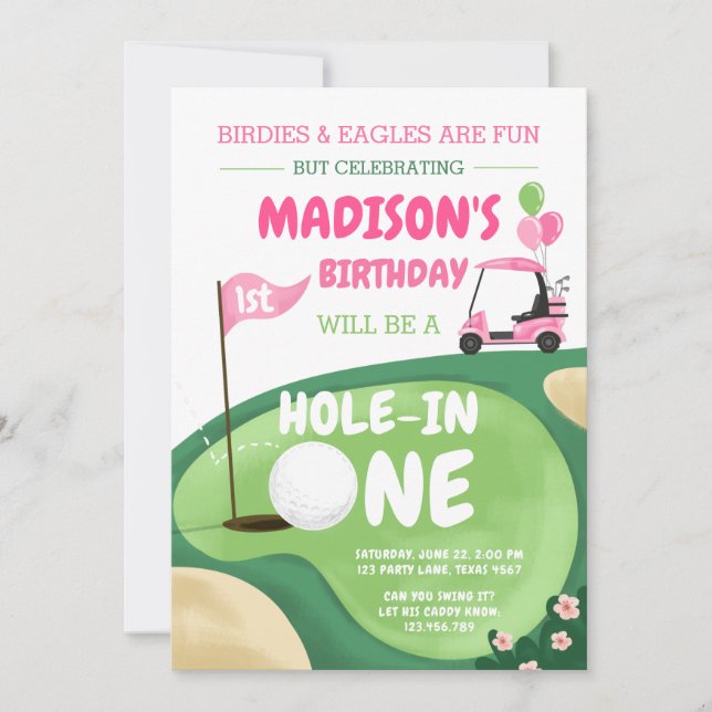 Hole In One Golf Girl Pink First Birthday Par-Tee Invitation (Front)