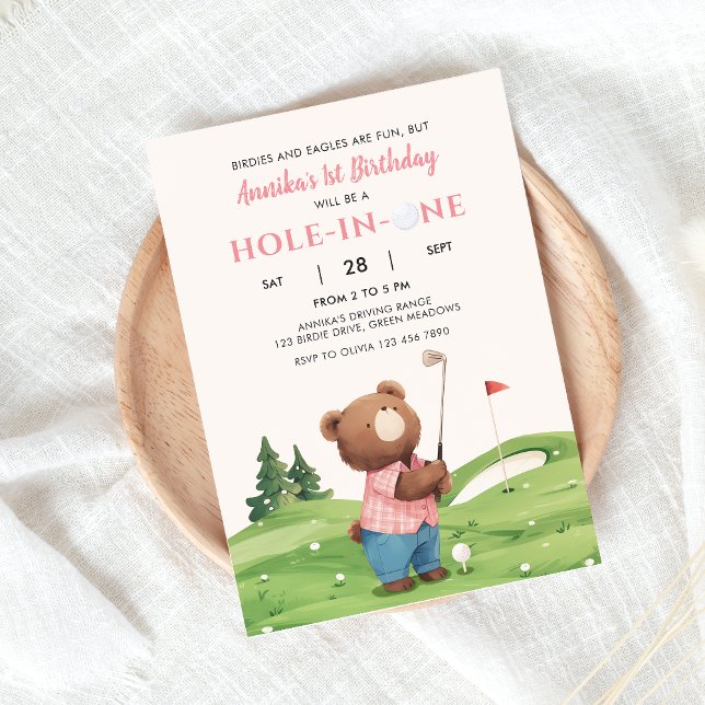 Hole In One Golf Girl Pink First Birthday Par-Tee  Invitation (Creator Uploaded)