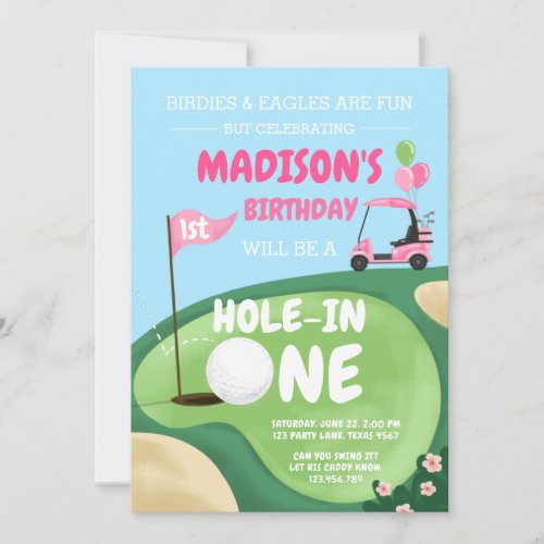 Hole In One Golf Girl Pink First Birthday Par_Tee  Invitation