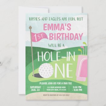 Hole In One Golf Invitation Girl First Birthday by PuggyPrints at Zazzle