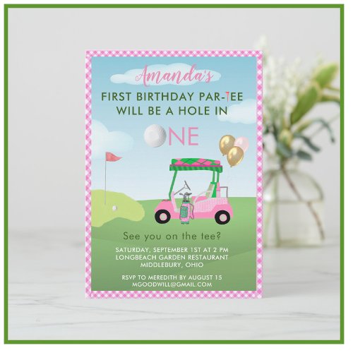 Hole in One Golf Pink Girl First Birthday Invitation