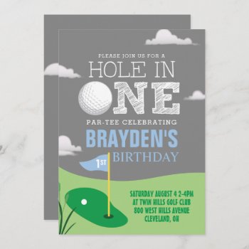 Hole In One Gray Golf Theme Boys First Birthday Invitation by ModernMatrimony at Zazzle