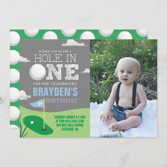 Hole in One Gray Golf Theme Boys First Birthday Invitation (Front/Back)
