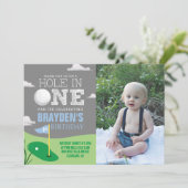 Hole in One Gray Golf Theme Boys First Birthday Invitation (Standing Front)