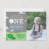 Hole in One Gray Golf Theme Boys First Birthday Invitation (Front)