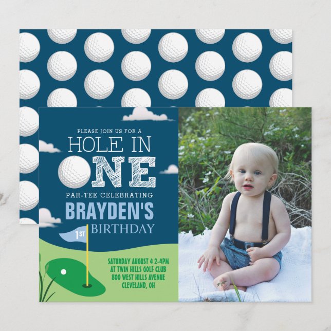 Hole in One Navy Golf Theme Boys First Birthday Invitation (Front/Back)
