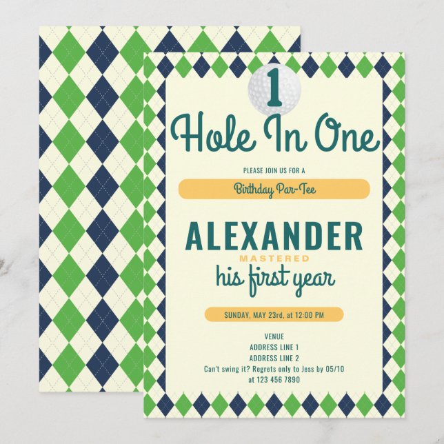 Hole in One Par-Tee Golf Mastered 1st Birthday Invitation (Front/Back)