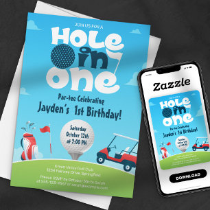 Hole In One Par tee Green Blue Golf Birthday Party Invitation