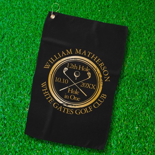 Hole in One Personalized Black And Gold Golf Towel