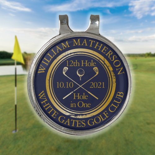 Hole in One Personalized Navy Blue And Gold Golf Hat Clip