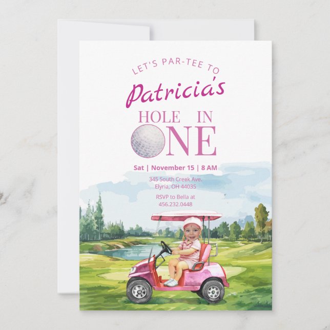 Hole In One Pink 1st Birthday Photo Invitation (Front)