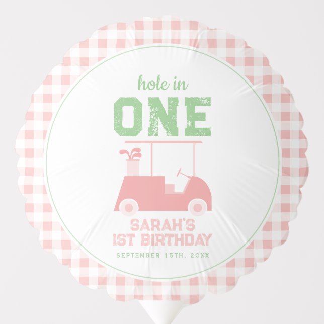 Hole in One Pink Check Girl First Birthday Balloon (Front)