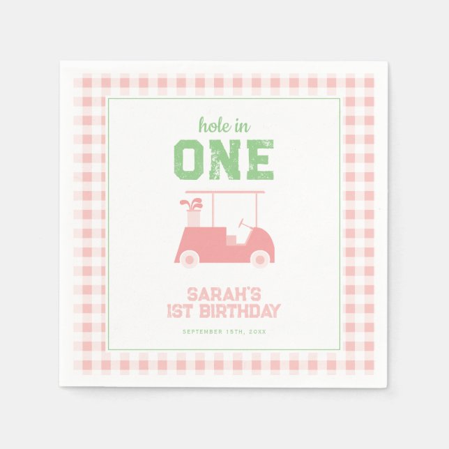 Hole in One Pink Check Girl First Birthday Napkins (Front)