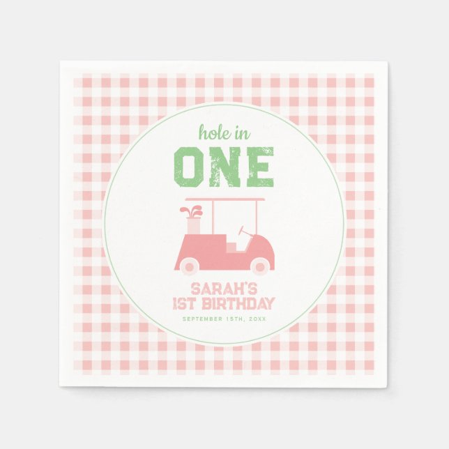 Hole in One Pink Check Girl First Birthday Napkins (Front)