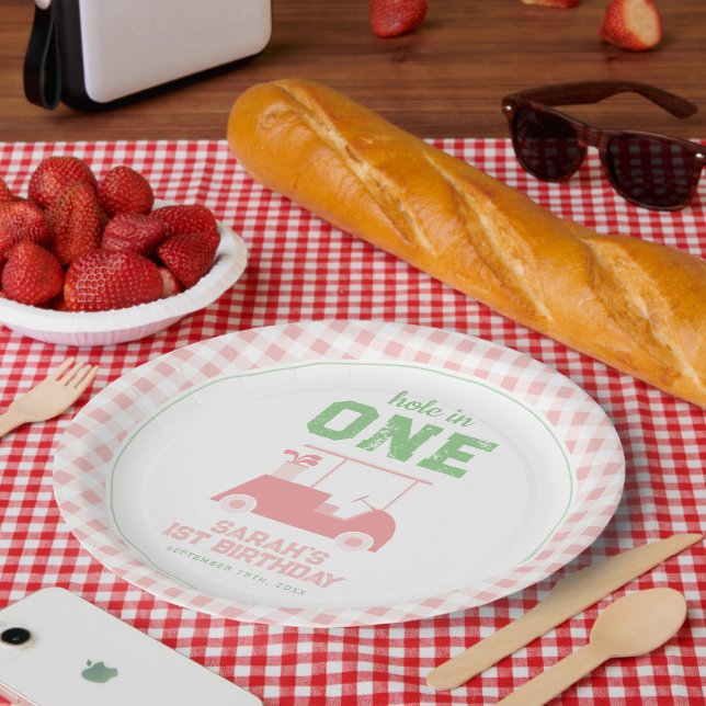 Hole in One Pink Check Girl First Birthday Paper Plates (Picnic)