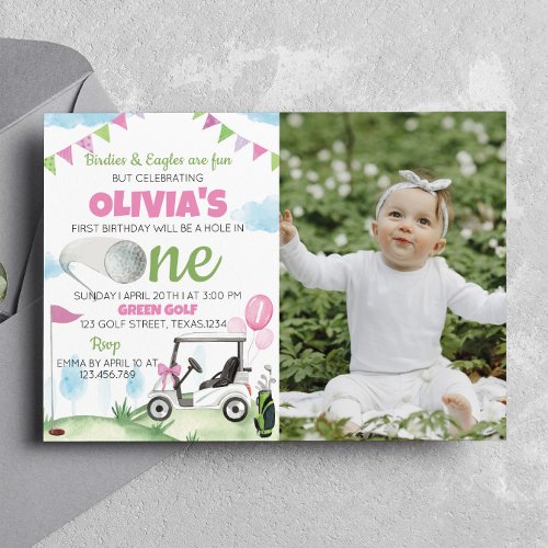 Hole In One Pink Girl 1st Birthday Invitation