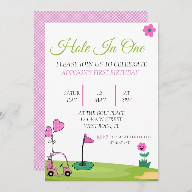 Hole In one  Pink Girl Golf 1st Birthday  Invitation (Front/Back)