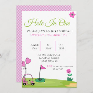 Hole In one  Pink Girl Golf 1st Birthday  Invitation