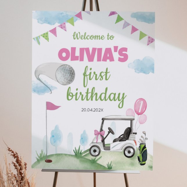 Hole In One Pink Girl Golf Birthday Welcome Sign (Creator Uploaded)