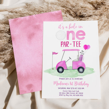 Hole In One Pink Girl Golf First Birthday Invitation by LittlePrintsParties at Zazzle