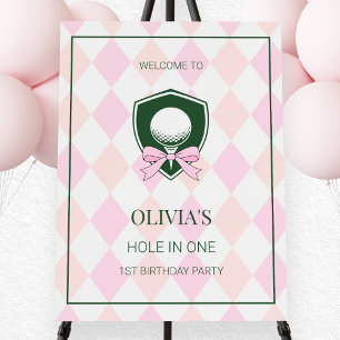 Hole in One Pink Girls Golf 1st Birthday Welcome Foam Board