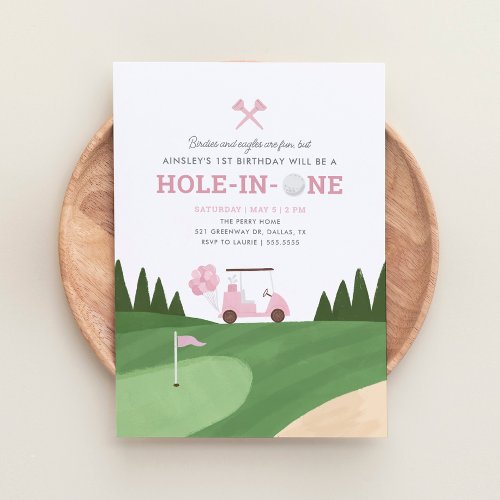 Hole in One Pink Golf 1st Birthday Invitation