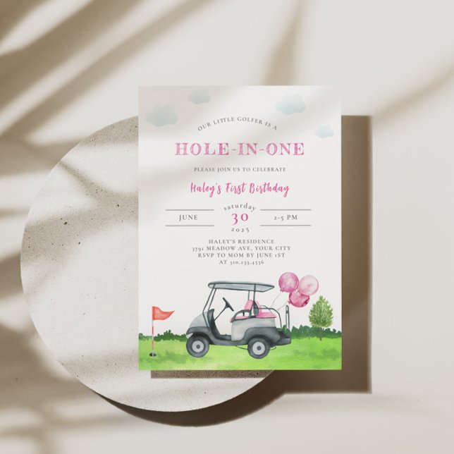Hole-In-One Pink Golf 1st Birthday Invitation (Creator Uploaded)