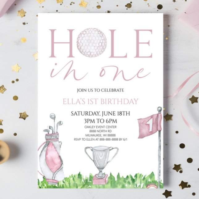 Hole In One Pink Golf 1st Birthday Party Invitation (Creator Uploaded)