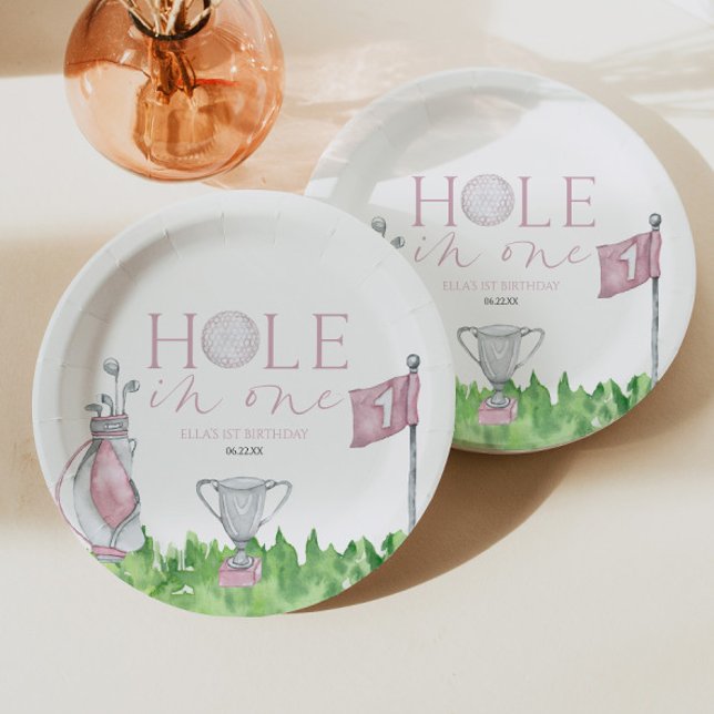 Hole In One Pink Golf 1st Birthday Party Paper Plates (Creator Uploaded)