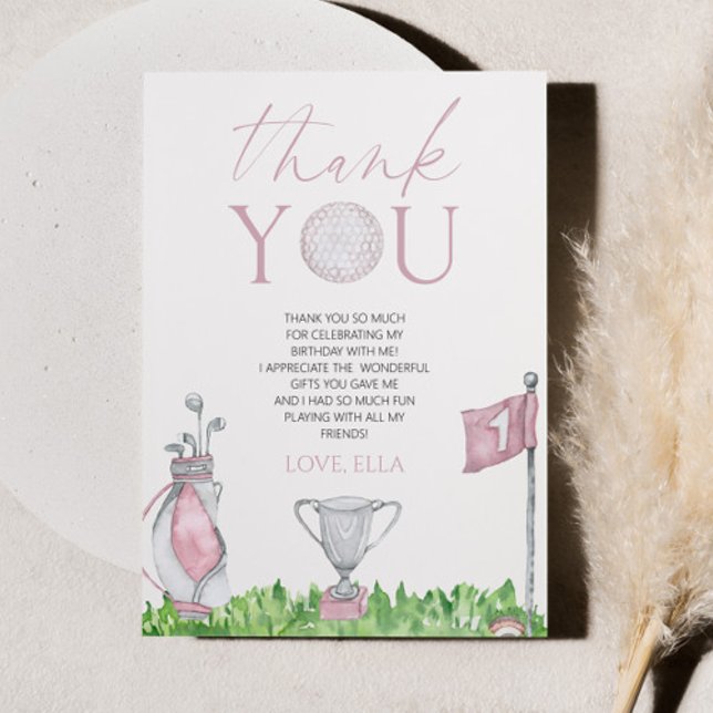 Hole In One Pink Golf 1st Birthday Party Thank You Card (Creator Uploaded)