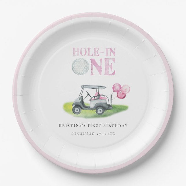 Hole-In-One Pink Golf Cart Birthday Paper Plates (Front)