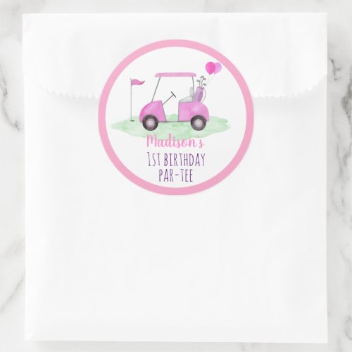 Hole In One Pink Golf First Birthday Classic Round Sticker