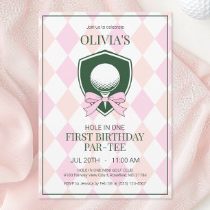 Hole in One Pink Golf Girls 1st Birthday Party Invitation