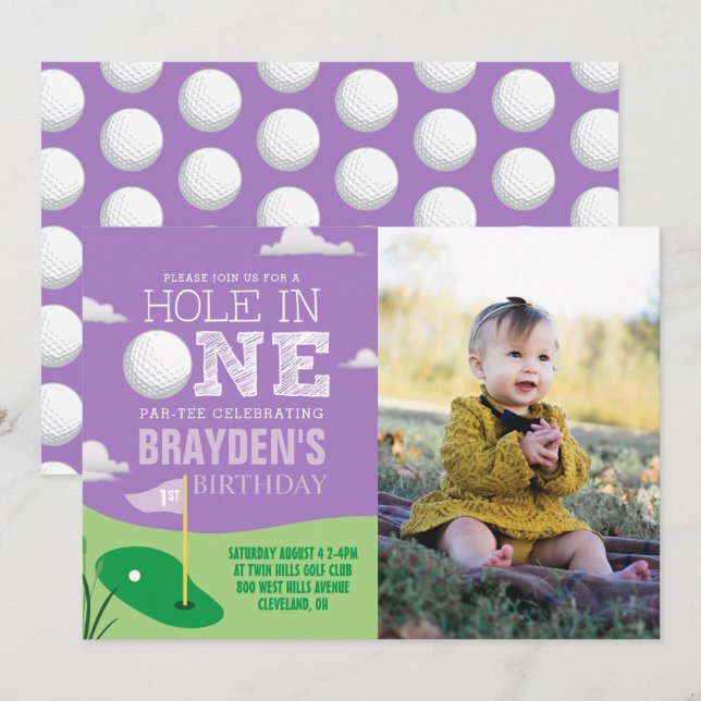 Hole in One Purple Golf Theme Girls First Birthday Invitation (Front/Back)