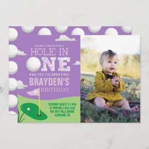Hole in One Purple Golf Theme Girls First Birthday Invitation