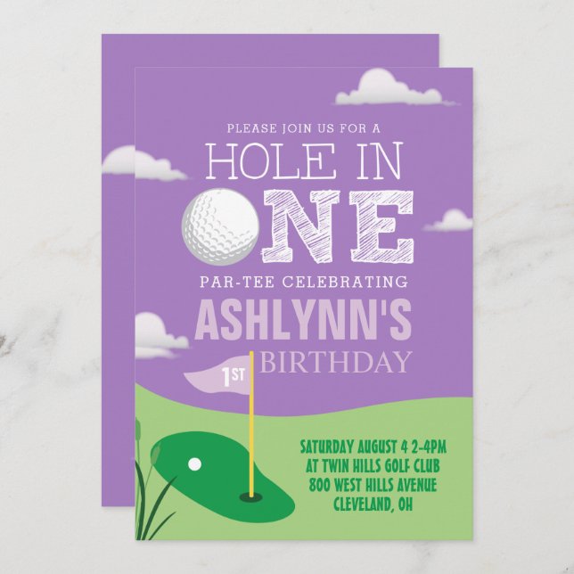 Hole in One Purple Golf Theme Girls First Birthday Invitation (Front/Back)